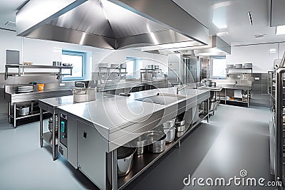 high-volume kitchen workflow with rigorous and consistent standards of cleanliness and sanitation Stock Photo