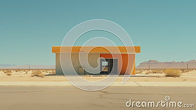 High Zoom Photo Of Small Bauhaus Architecture Waiting Stop In Desert Stock Photo