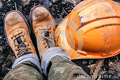 highangle shot of boots and hard hat Stock Photo