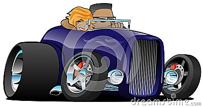 Highboy hot rod deep purple roadster with male driver and cute woman passenger isolated vector illustration Vector Illustration