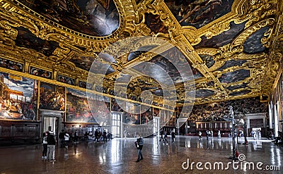 Higher Council Hall of Doge`s Palace in Venice Editorial Stock Photo