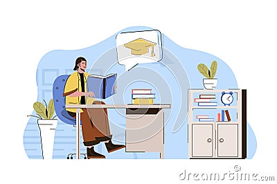 Higher education concept. Student reads textbook, prepares for final exams situation. Studying at University people scene. Vector Vector Illustration