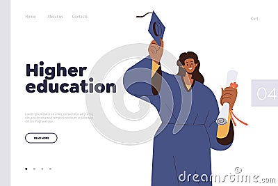 Higher education landing page design template with cheerful alumnus female character holding diploma Vector Illustration