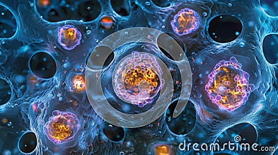 Higher magnification view of the nucleus with labeled components such as chromatin nucleolus and nuclear envelope Stock Photo