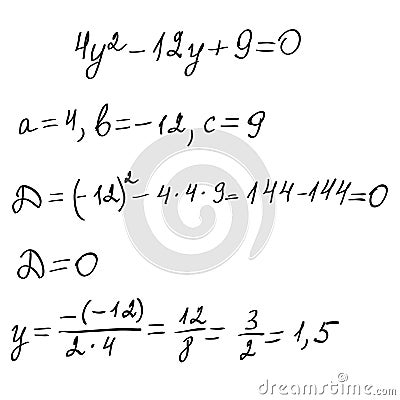 Solving a quadratic equation by task scheme.Finding roots.Algebra background. Education,getting classes,school program. Higher Vector Illustration