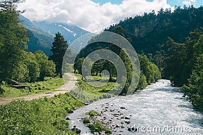 Highland landscape with road and river with green pine forest Stock Photo