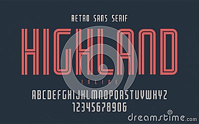 Highland vector condensed inline retro typeface, uppercase letters and numbers, alphabet, font, typography. Vector Illustration