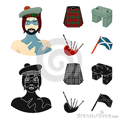 Highlander, Scottish Viking, tartan, kilt, scottish skirt, scone stone, national musical instrument of bagpipes Vector Illustration