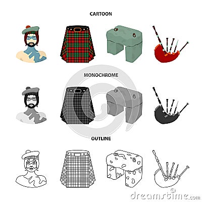 Highlander, Scottish Viking, tartan, kilt, scottish skirt, scone stone, national musical instrument of bagpipes Vector Illustration