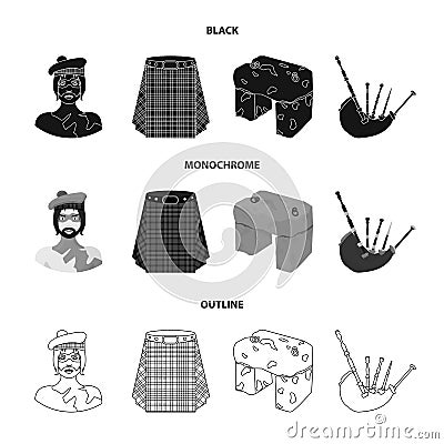 Highlander, Scottish Viking, tartan, kilt, scottish skirt, scone stone, national musical instrument of bagpipes Vector Illustration