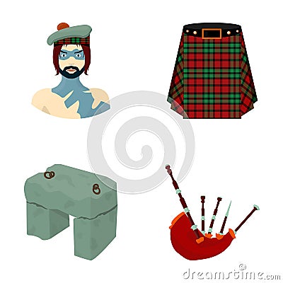 Highlander, Scottish Viking, tartan, kilt, scottish skirt, scone stone, national musical instrument of bagpipes Vector Illustration