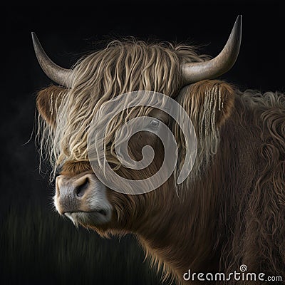 Highlands Cow, long furred or haired, ginger coloured Scottish Highlander. Generative AI Stock Photo