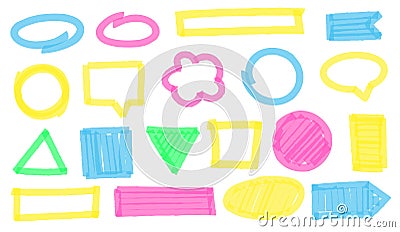 Highlight marker frames. Colorful geometric figures and shapes border as ellipse, square, circle, rectangle Vector Illustration