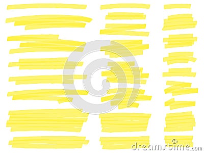Highlight marker lines. Yellow text highlighter markers strokes, highlights marking vector set Vector Illustration