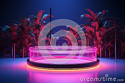 Highlight products in style with a neon lit cylinder podium for dynamic displays Stock Photo