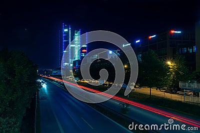 Highlight Towers in Munich, Germany with A9 highway shot in long exposure at night Editorial Stock Photo