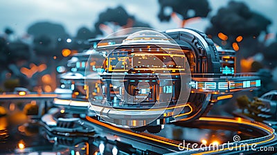 Highlight the unique architectural design elements in a close-up voxel rendering of a futuristic house, emphasizing the dynamic Stock Photo