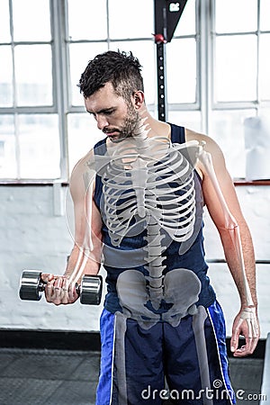 Highlighted bones of strong man lifting weights at gym Stock Photo
