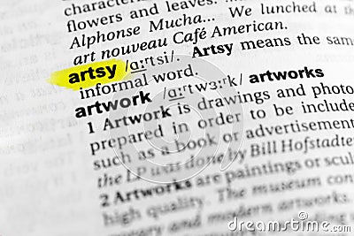 Highlighted English word `artsy` and its definition in the dictionary Stock Photo