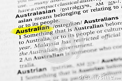 Highlighted English word `australian` and its definition in the dictionary Stock Photo