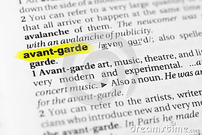 Highlighted English word `avant garde` and its definition in the dictionary Stock Photo