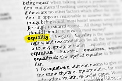 Highlighted English word equality and its definition at the dictionary Stock Photo