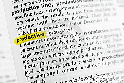 Highlighted English word productive and its definition at the dictionary. Stock Photo