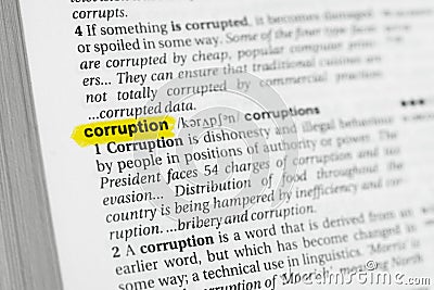 Highlighted English word & x22;corruption& x22; and its definition at the dictionary Stock Photo