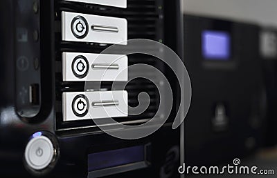 Highlighted server racks in data center Stock Photo