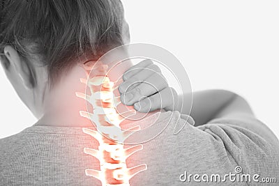 Highlighted spine of woman with neck pain Stock Photo