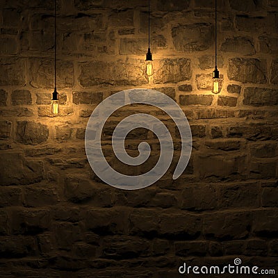 The highlighted stone wall by edison lamp 3d rendering Stock Photo