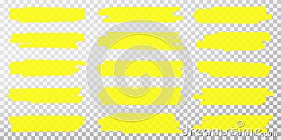 Highlighter lines. Hand drawn yellow highlighter marker strokes. Set of transparent fluorescent highlighter markers Vector Illustration