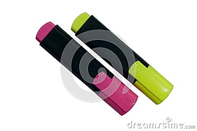 Highlighter pen in two colors yellow and purple Stock Photo