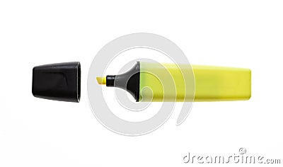 Highlighter yellow marker isolated on white. Overhead view of opened fluorescent pen Stock Photo