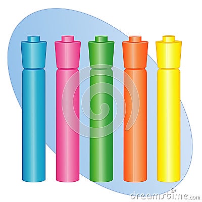 Highlighters, Felt Tip Marker Pens in Five Neon Colors Vector Illustration