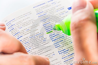 Highlighting the Ethic word on a dictionary Stock Photo