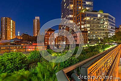 The Highline near 10th Avenue and 17th Street at twilight, Chelsea,New York City Stock Photo