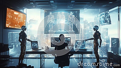 Advanced AI Robot Analyzing Data in Futuristic Control Room Stock Photo