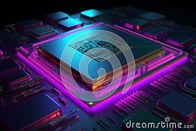Highly advanced microchip processor with a series of blue and purple lights illuminating its intricate circuitry. Ai generated Stock Photo