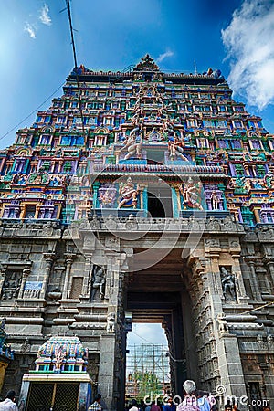 Highly decorated gopuram entrance to Shiva Nataraja temple Editorial Stock Photo