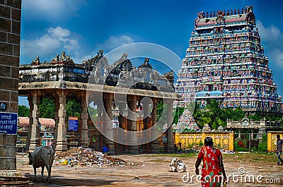 Highly decorated gopuram entrance to Shiva Nataraja temple Editorial Stock Photo