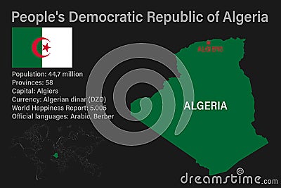 Highly detailed Algeria map with flag, capital and small map of the world Vector Illustration