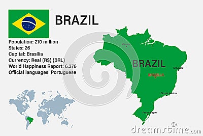 Highly detailed Brazil map with flag, capital and small map of the world Vector Illustration