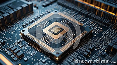 A highly detailed close-up of a quantum computer processor, with glowing particles. Artificial intelligence. Stock Photo
