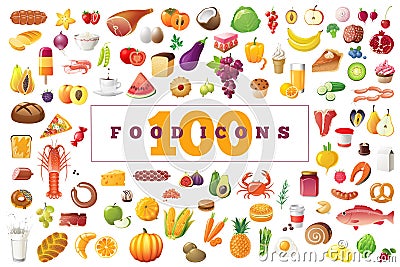 100 highly detailed colored food Icons. Vector Illustration