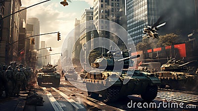 A highly detailed digital depiction of a fleet of military vehicles parading through the city, Stock Photo