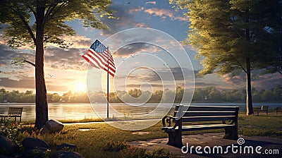 A peaceful lakeside park with a solitary bench and an American flag Stock Photo