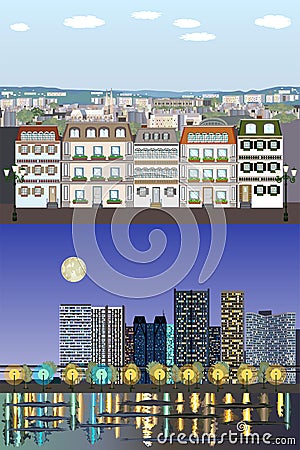 Parisian Style European Generic Buildings - Day to Night Vector Kit Cartoon Illustration
