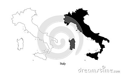 Highly detailed map of Italy on white background. Isolated line drawing and black silhouette of Italy. Template for Vector Illustration