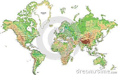 Highly detailed physical map of the World. Vector Illustration